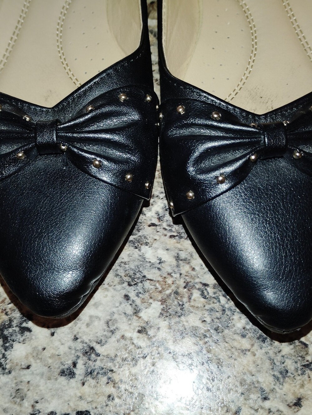 Fergie Black Pointed Bow-Trim Studded Flats - Picture 3 of 4